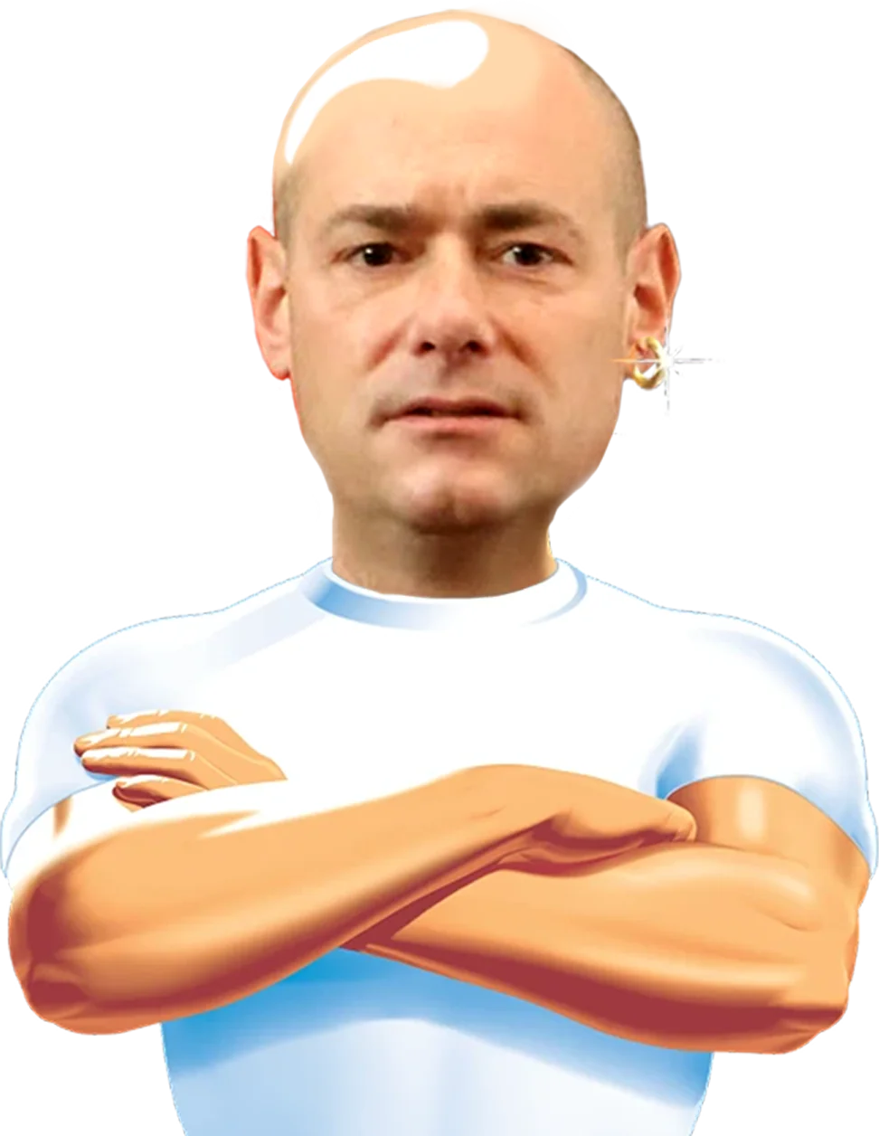 Parody image: Rep. Greg Landsman's face on the Mr. Clean mascot, arms crossed, gold earring sparkling.